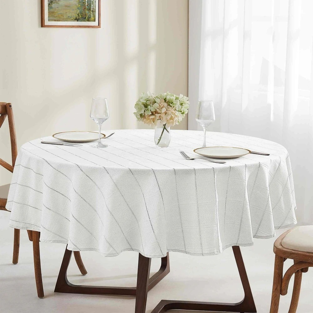 Izod Chadwick Silver and White Round 70"  178CM Fabric Tablecloth  Machine Wash